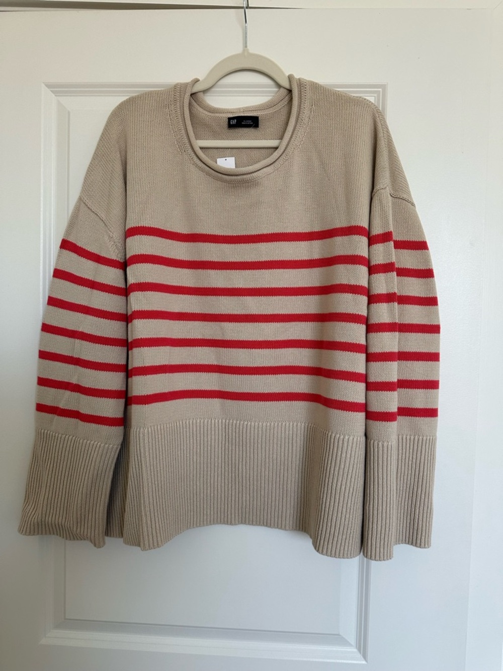 Gap 100% Cotton 24/7 Split-Hem Roll Neck Sweater in Cream & Coral Size XL - Picture 2 of 12